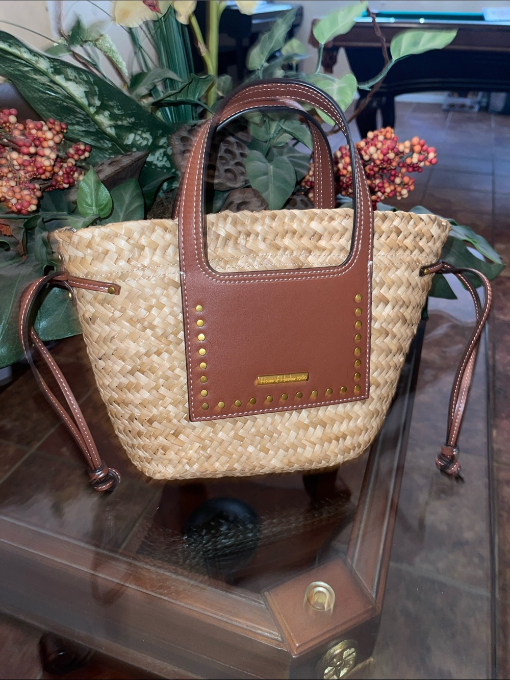 House of Harlow Straw Tote with Brown Leather Trim and Gold Studs
